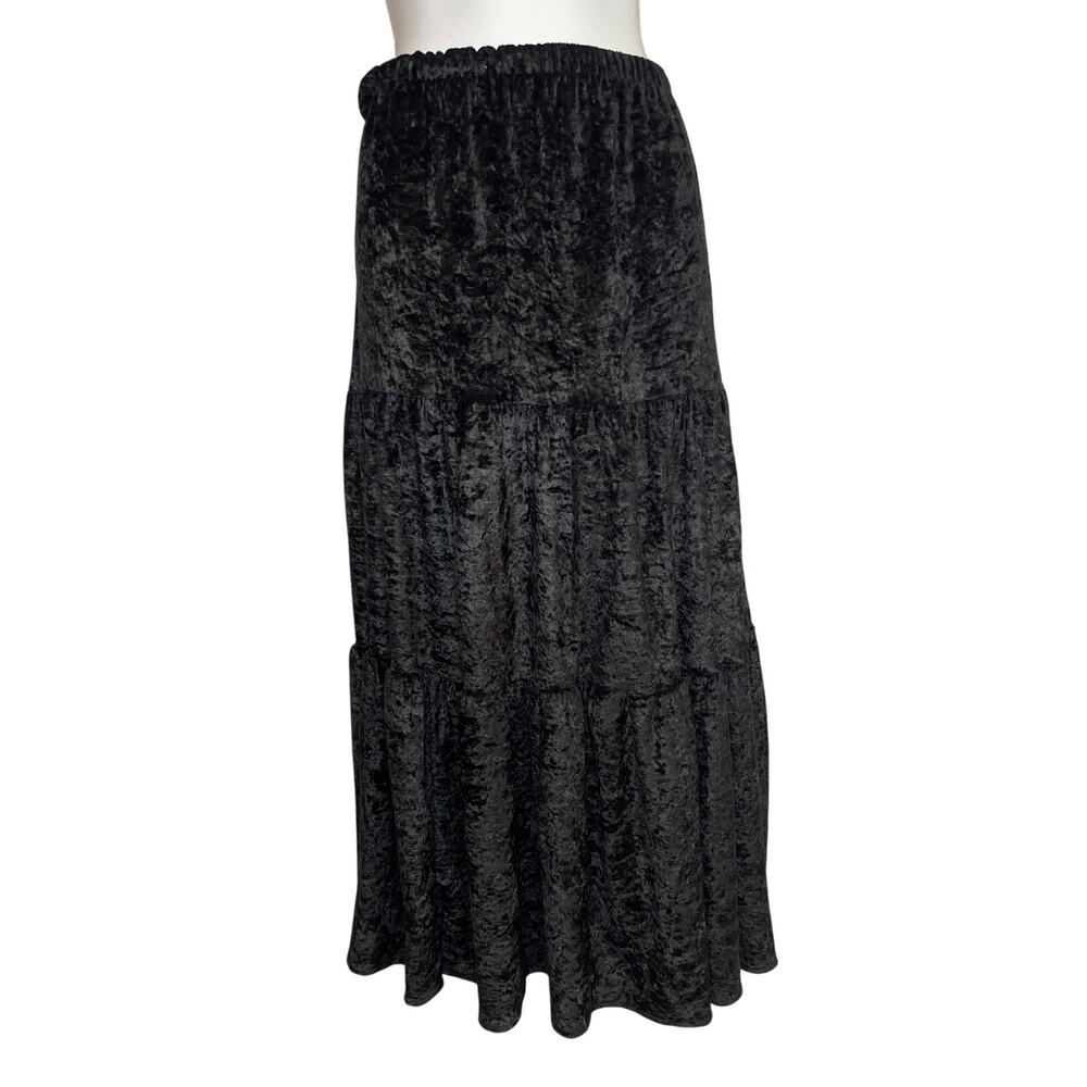 Vintage Nouvelle Black Crushed Velvet Midi Skirt M Whimsigoth Boho Gothic 90s